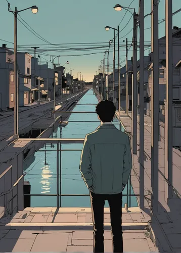 shirakami-sanchi,pedestrian,a pedestrian,empty road,boardwalk,sakana,sidewalk,walking man,walk,atmosphere,puddle,busan night scene,the street,boulevard,digital illustration,alley,streaming,tokyo,nowhere,loneliness,Illustration,Vector,Vector 10