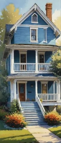 American suburban house, 1990s style, two-story, sloping roof, white walls, blue shutters, wooden door, porch with columns, lawn with sprinklers, flower beds, mature trees, sunny day, soft natural lig