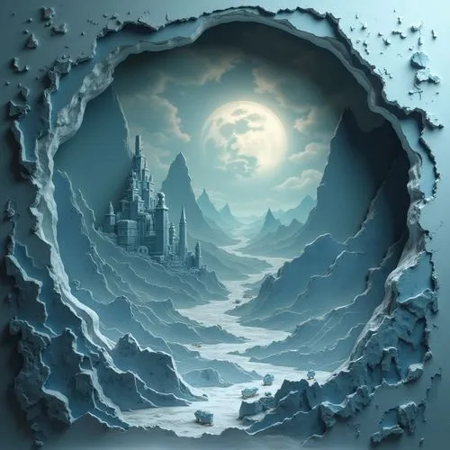 ice castle,lunar landscape,ice cave,fantasy picture,ice planet,blue caves,Unique,Paper Cuts,Paper Cuts 10