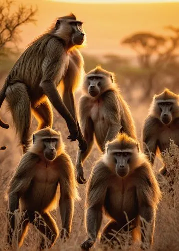 Troop of baboons, savannah setting, sunset time, warm golden light, acacia trees, dry grass, rocky outcrops, detailed fur, expressive faces, sharp teeth, muscular bodies, climbing, jumping, playing, c