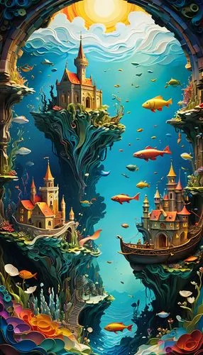 underwater landscape,underwater playground,fantasy world,3d fantasy,aquarium,underwater oasis,underwater background,atlantis,fantasy art,sea fantasy,underwater world,fantasy landscape,fantasy city,under the sea,fantasia,fantasy picture,fairy world,under sea,dream world,ocean underwater,Illustration,American Style,American Style 01