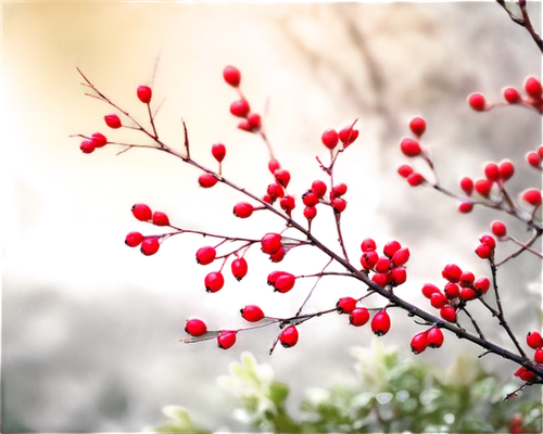 Hawthorn bushes, dense foliage, thorny branches, red berries, autumn season, morning dew, soft sunlight filtering through leaves, 3/4 composition, shallow depth of field, warm color tone, cinematic li