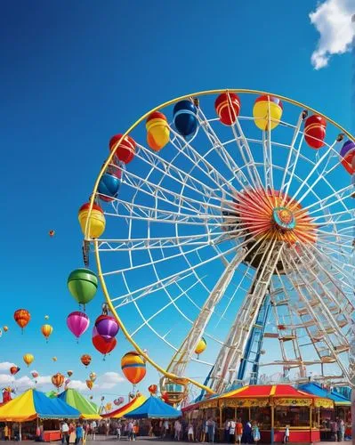 Vibrant amusement park, futuristic Ferris wheel, colorful balloons, festive lanterns, lively roller coaster tracks, thrill ride drops, spinning teacups, joyful carnival games stalls, sweet treats vend