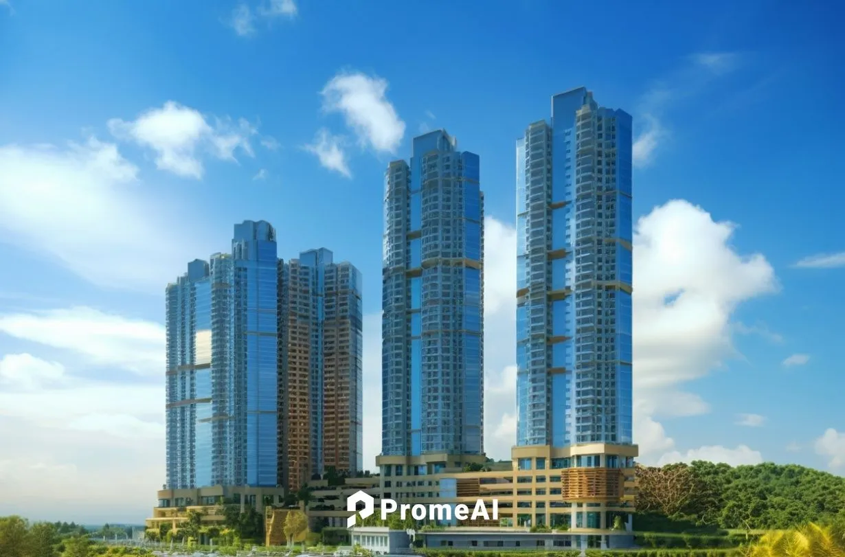 a group of tall buildings standing near the water,leedon,capitaland,cyberjaya,international towers,lodha,condominia,Photography,General,Realistic