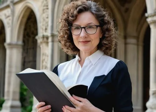 Mature lady, 30s, architectural historian, PhD degree, glasses, curly brown hair, minimal makeup, business casual attire, white blouse, black skirt, holding a large book or folder, standing in front o