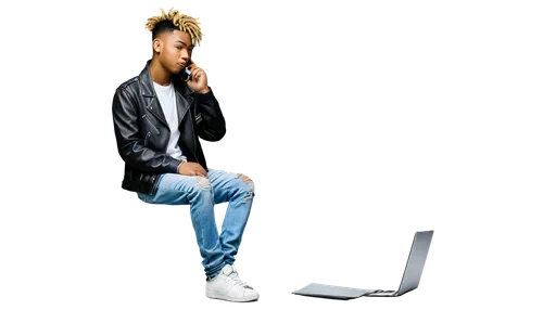 DJ, rapper, young adult, African American, gold chain, trendy hairstyle, black leather jacket, white T-shirt, ripped denim jeans, Adidas sneakers, microphone, headphones, laptop, music production soft