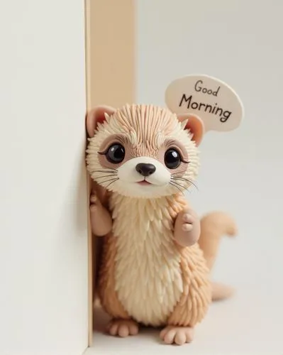 photograph of a cuteferret peeking from behind a wall, against a white background, speech bubble with the sign " Good Morning" high-definition studio shot, soft lighting, low contrast, clean color sch