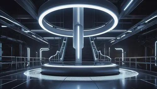 Industrial data pipeline, futuristic architecture, steel beams, metal pipes, sleek lines, neon lights, glowing screens, servers, wires, complex network, circular staircase, modern minimalism, dark ton