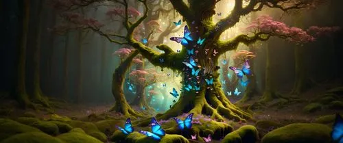 fairy forest,magic tree,elven forest,dryad,enchanted forest,flourishing tree,forest tree,faerie,colorful tree of life,fairy world,fantasy picture,faery,elven flower,fairytale forest,tree of life,celtic tree,forest dragon,forest flower,3d fantasy,fae