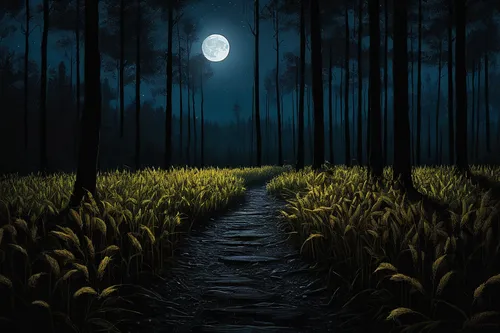 the path,moonlit night,the mystical path,forest path,path,pathway,world digital painting,the night of kupala,forest of dreams,blue moon,night scene,moonlit,the way,forest dark,digital art,wooden path,hollow way,moonlight,digital painting,photomanipulation,Conceptual Art,Oil color,Oil Color 02