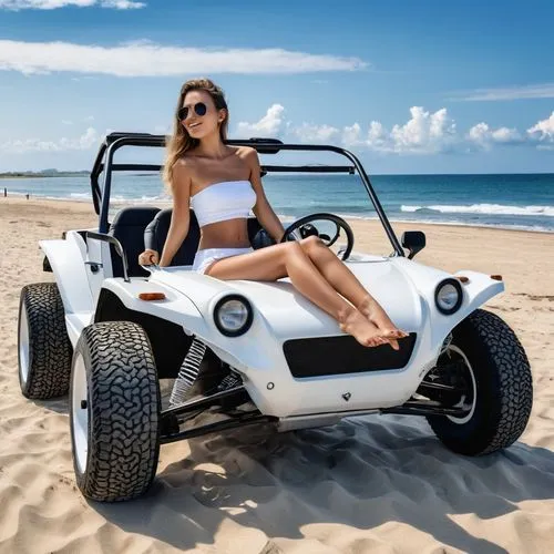 A young woman wearing a white strapless shirt and legging in a beach buggy at the beach,beach buggy,jeep wrangler,quad bike,4wheeler,off road vehicle,off-road car,all-terrain vehicle,all-terrain,jeep,