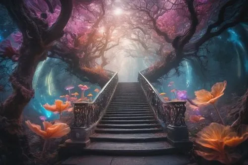 fairy forest,the mystical path,fantasy picture,fairytale forest,enchanted forest,tree top path,forest of dreams,stairway to heaven,fantasy landscape,fairy world,wonderland,stairway,heavenly ladder,forest path,heaven gate,winding steps,pathway,wooden path,haunted forest,3d fantasy,Photography,Artistic Photography,Artistic Photography 04