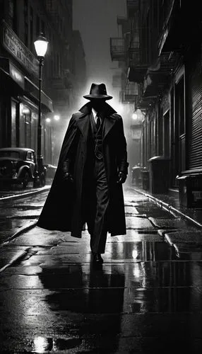 Spider-Man Noir, dark alleys, 1930s New York City, rainy night, foggy atmosphere, dim street lamps, old-fashioned cars, vintage store signs, gritty urban landscape, Spider-Man Noir in black suit, red 