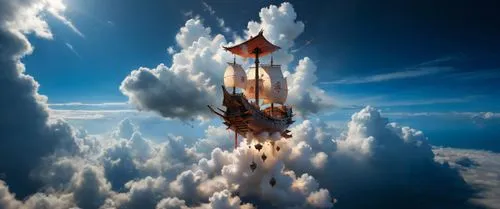 a ship floating in the clouds on top of it's sails,rocketship,space shuttle,cloud image,skyship,sky space concept,rocket ship