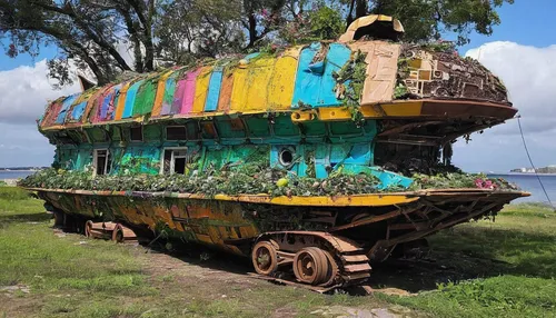 Imagine a futuristic world where Pretty Patties are a popular form of currency.,abandoned boat,pineapple boat,dukw,rotten boat,abandoned rusted locomotive,boat wreck,caterpillar gypsy,old boat,shipwre