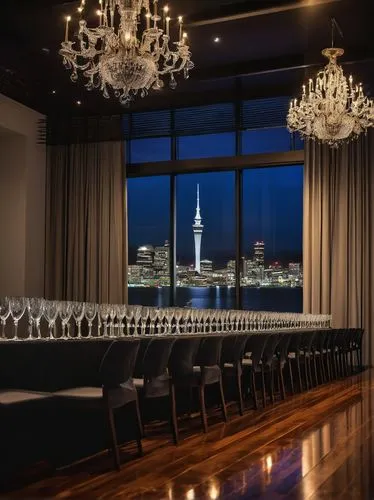 Awards ceremony, interior design, luxurious decorations, modern chandeliers, wooden floor, grand staircase, elegant tables, glass trophies, minimalist chairs, NZ flags, Auckland cityscape, night scene