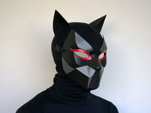 a person in black and grey with an orange and red eye,catman,batmanglij,cowl,ffp2 mask,purgatoire,balaclava