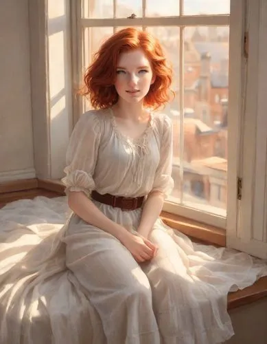 A young girl with tousled red hair lies on a windowsill, her eyes open. The sunlight streams through the window and casts a warm glow on the scene. The girl's gentle smile is broad. The room is cozy a