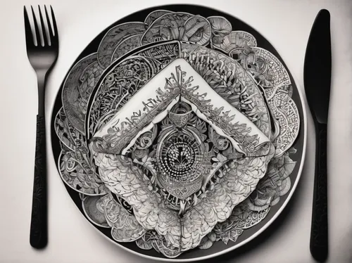 place setting,tableware,silver cutlery,decorative plate,masonic,table setting,placemat,flatware,dinnerware set,freemason,black plates,tablescape,chinaware,freemasonry,serveware,utensils,culinary art,dinner-plate magnolia,salad plate,eucharistic,Illustration,Black and White,Black and White 11