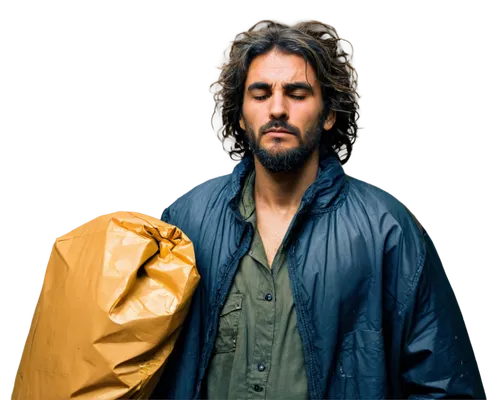 Homeless person, worn-out clothes, dirty face, messy hair, rugged beard, tired eyes, sleeping bag, cardboard box, urban street, rainy day, dim lighting, shallow depth of field, cinematic composition, 