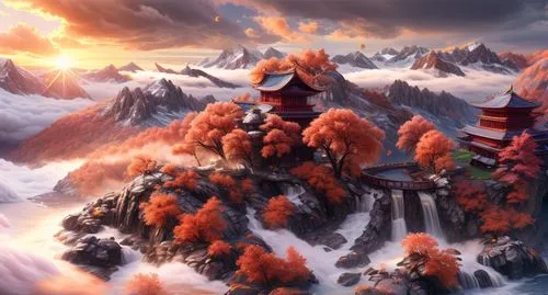 fantasy landscape,autumn mountains,fire mountain,fantasy picture,mountain scene,firelands