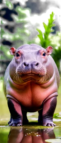 Hippo, standing upright, cute facial expression, small eyes, smiling mouth, chubby body, short legs, webbed feet, water droplets on skin, shiny fur, green aquatic plants in background, warm sunlight, 