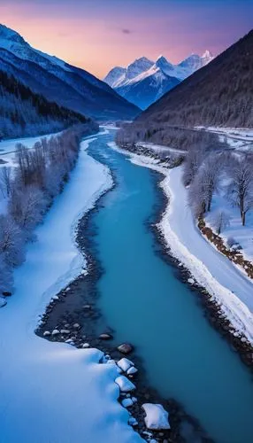 paisaje montañoso con nieve, rio entre medias congelado de noche ,the river is flowing past the snowy mountains,bow river,mountain river,tanana river,maligne river,yukon territory,eklutna,Photography,