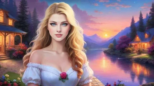 Romantic masterpiece oil painting, cute girl portrait, nostalgic 1950's style kitsch, breathtaking beautiful kingdom landscape, majestic fantasy scenery, evening lighting,  highly detailed, highres, a