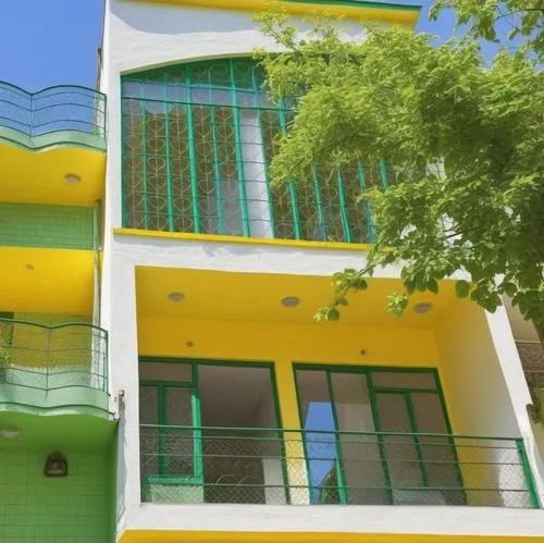 yello white gren,a brightly colored building with many balconies and green windows,jamahiriya,exterior decoration,colorful facade,facade painting,residencial,habitaciones,block balcony,cubic house,cub