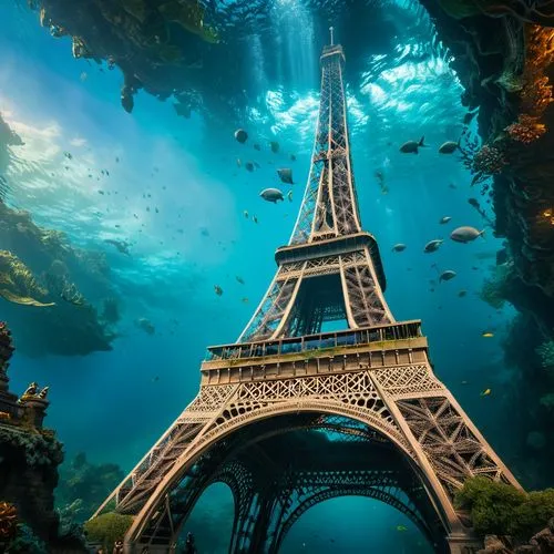 underwater landscape,underwater world,underwater oasis,underwater playground,ocean underwater,underwater background,the eiffel tower,french digital background,france,submerged,universal exhibition of paris,wonders of the world,ocean paradise,travel destination,eiffel tower,sea life underwater,fantasy landscape,paris,eifel,fantasy picture,Photography,General,Fantasy