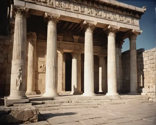 Ancient Greek temple, grand entrance, ornate Corinthian columns, intricately carved marble architrave, pediment with sculpted figures, frieze with bas-relief, rusticated stone walls, polished granite 