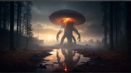 mushroom landscape,photomanipulation,extraterrestrial life,primitive man,forest mushroom,extraterrestrial,alien planet,burning earth,ufo,phage,mushroom cloud,bacteriophage,alien world,meteor,photo manipulation,sci fiction illustration,heliosphere,fantasy picture,nuclear explosion,alien invasion