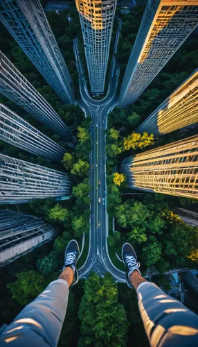 vertigo,above the city,bird's eye view,macroperspective,shoefiti,upside down,topdown,road of the impossible,bird perspective,above,34 meters high,city highway,roads,360 °,two way traffic,viewpoint,looking down,high way,skycraper,flyover,Photography,Documentary Photography,Documentary Photography 14