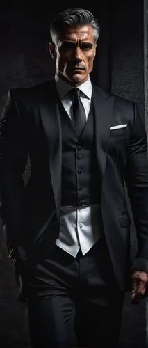 Mature man, muscular physique, black marble background, solo, standing, confident posture, strong facial features, short black hair, stubble, intense eyes, black suit, white shirt, silver cufflinks, l