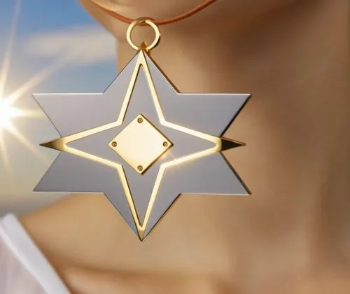 Gold metal pendant with silver parts.,Close up of a woman's necklace with a star,star of david,merkabah,pendentives,christ star,six pointed star,Pendant,Photography,General,Realistic