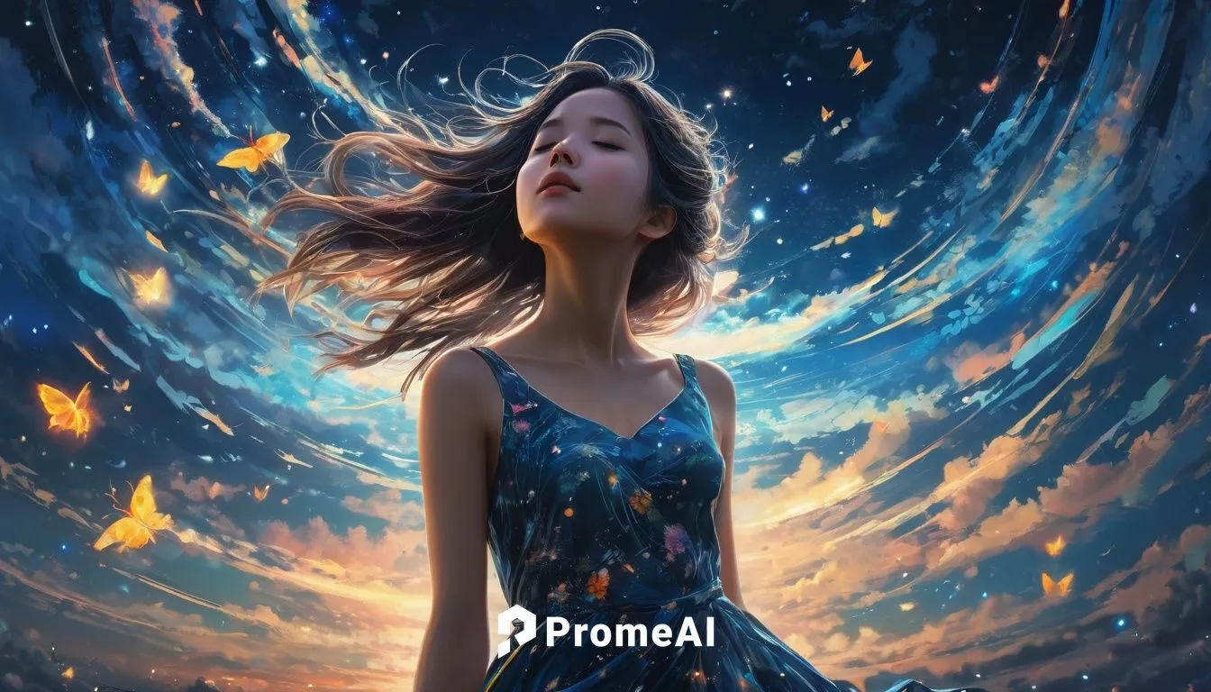 a portrait of a cute girl with a luminous dress, eyes shut, mouth closed, long hair, wind, sky, clouds, the moon, moonlight, stars, universe, fireflies, butterflies, lights, lens flares effects, swirl