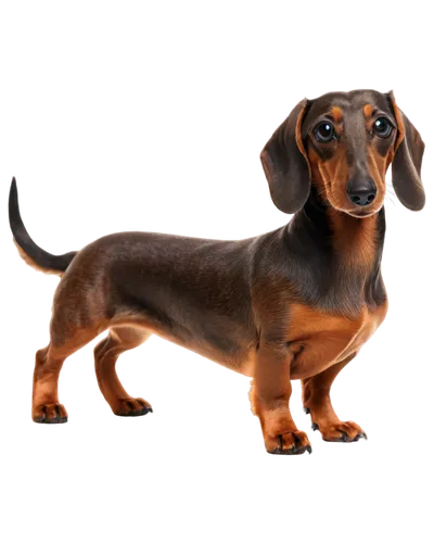 Brown dachshund, simple outline, cute face, floppy ears, short legs, curved tail, black nose, bright eyes, smooth fur, shiny coat, side view, 3/4 composition, soft focus, warm lighting.,dachshund,dach