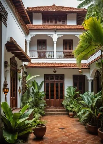 Traditional Sri Lankan house, sloping roof, clay tiles, wooden doors, ornate carvings, large windows, white walls, green shutters, lush greenery, tropical garden, coconut trees, banana plants, outdoor