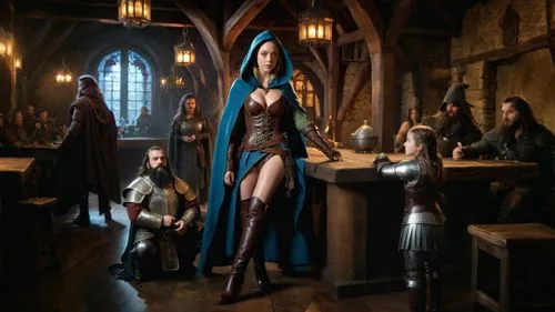 A burley male dwarf in a metal breastplate with a long black beard, tugging on her cloak, trying to get her attention.,a scene from game of thrones shows a woman in armor standing over a man seated in