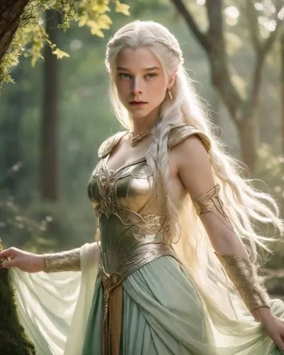 Emma D'Arcy like sorceress, warrior Armor, ancient greece, forest, Magic and sword. Long rapunzel platinum hair, green greek dress,a white woman with white hair and blue eyes standing in the woods,gal