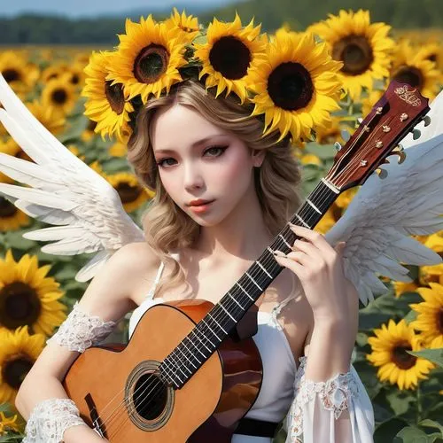 sunflower field,sun flowers,takamine,sun flower,sunflowers,helianthus,sunflower,music fantasy,classical guitar,angelnote,folksinger,chansonnier,tuatha,flower fairy,jessamine,summerwind,acoustic guitar,guitar,balalaika,songful,Photography,General,Realistic