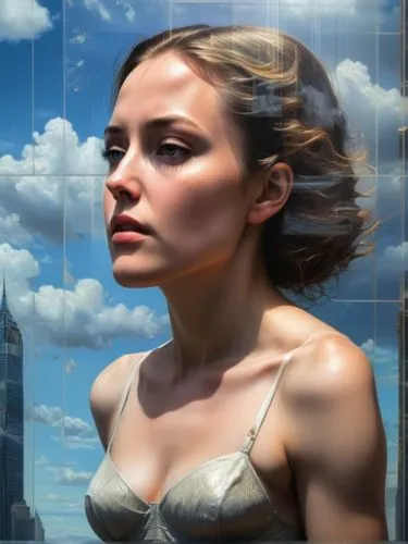 world digital painting,digital compositing,fantasy portrait,image manipulation,woman thinking,portrait background,sky,city ​​portrait,digital painting,metropolis,skycraper,digital art,sci fiction illustration,digital artwork,art deco woman,mystical portrait of a girl,photo painting,geometric ai file,skyscraper,cd cover,Art,Classical Oil Painting,Classical Oil Painting 23