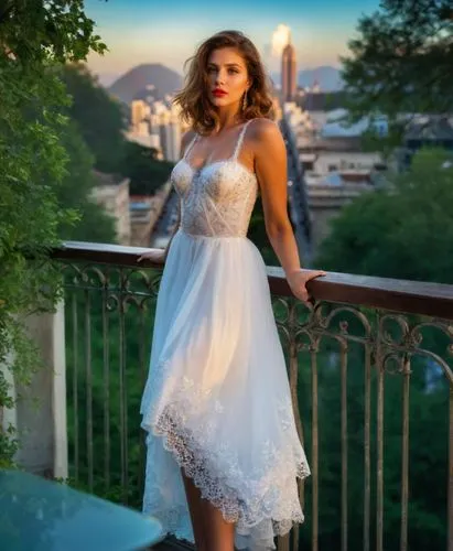 the sun casts a warm glow on the still water of a balcony as a stunning woman in a white minidress stands tall. She sips a cup of hot tea and a wide-brimmed hat, while a single ray of light illuminate