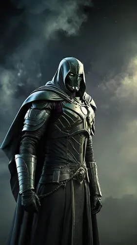 a knight in the dark with his armor and his sword,latveria,mysterion,iron mask hero,darkseid,doombot,corvo