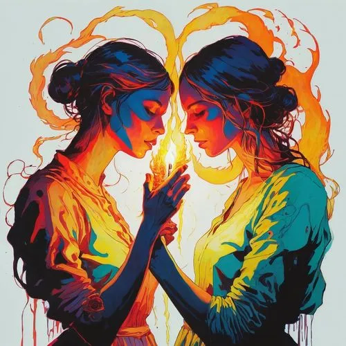 fire artist,fire and water,two hearts,fire-eater,fire heart,dancing flames,burning torch,painted hearts,open flames,fire eaters,afire,gemini,two girls,spark fire,fire dance,two people,combustion,into each other,sparks,flaming,Illustration,Paper based,Paper Based 19