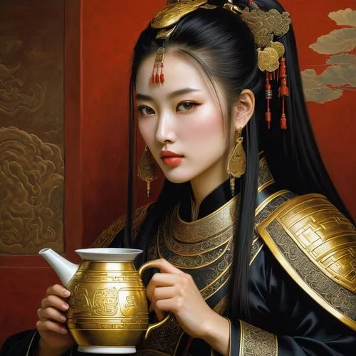 yuanpei,woman drinking coffee,gongfu,rongfeng,oriental princess,xiaowen,jingqian,xueliang,oriental girl,zhoukoudian,xiaoyun,yanzhao,qianfei,wenzhao,xiaomei,bingqian,mongolian girl,sizhao,sanxia,yunxia,Illustration,Realistic Fantasy,Realistic Fantasy 03