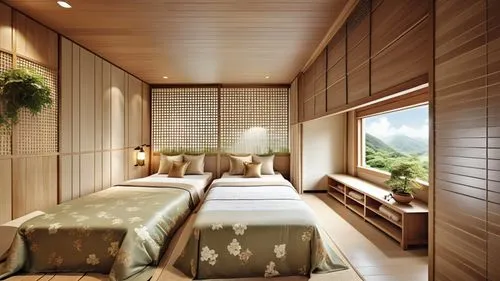 This design shows the spring Japanese style hot spring hotel that combines Japanese style with Puli culture. It mainly uses teak wood and milk tea tones to create a warm, tranquil and elegant atmosphe