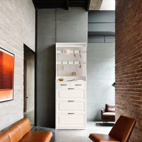 门口旁,a large white cabinet sitting next to a leather bench,contemporary decor,minotti,corten steel,fire place,credenza,modern decor