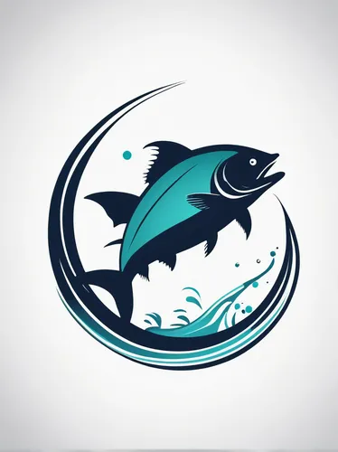 Create a dynamic fishing logo with a jumping fish silhouette,dolphin background,sailfish,rooster fish,thunnus,logo header,dolphin fish,vector graphic,vector design,blue fish,nautical banner,fish-surge