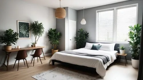 a bedroom with potted plants and a bed,modern room,bedroom,modern decor,guest room,danish room,contemporary decor